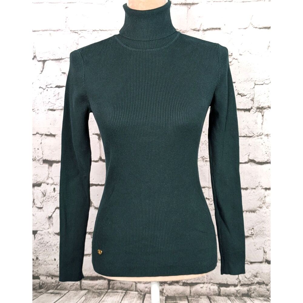LAUREN RL Ribbed Knit Turtleneck Forest Green Preppy Old Money Slim Fit Medium